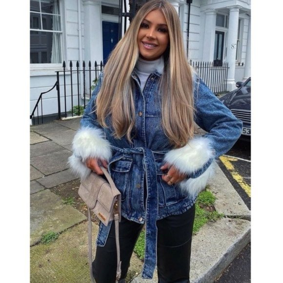 Long Sleeve Shearling Lined Faux Fur Collar and Cuff Denim Jeans Jacket - Picture 10 of 12